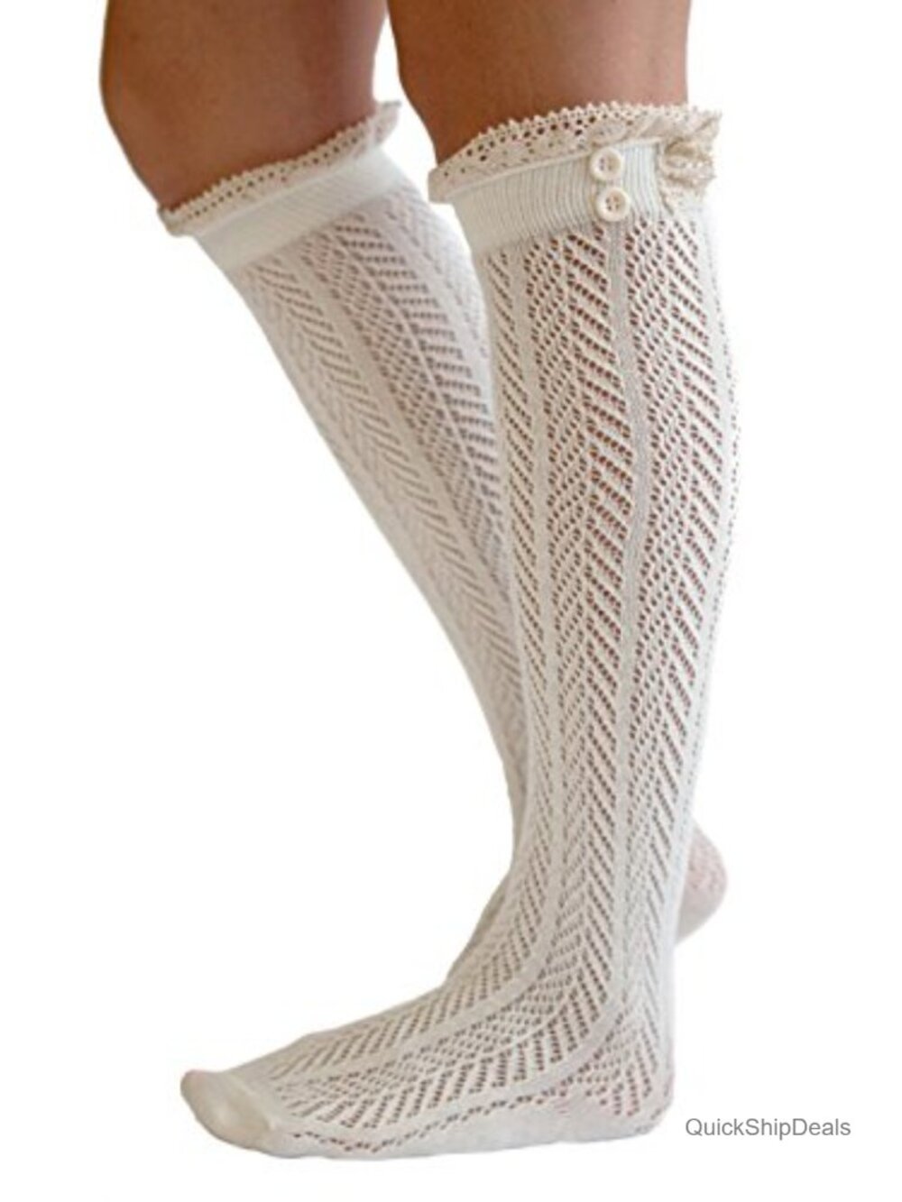 Button Boot Socks with Lace Trim Knee-High Slouch Cotton